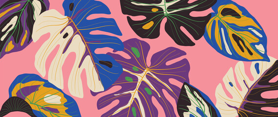 Luxury leaf art deco wallpaper. Nature background vector. Floral pattern with tropical plant line art on trendy color background. Vector illustration. © TWINS DESIGN STUDIO