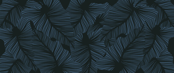 Luxury leaf art deco wallpaper. Nature background vector. Floral pattern with tropical plant line art on trendy color background. Vector illustration.