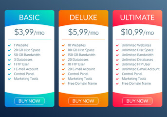 Price plan template. Pricing table for web hosting. Vector illustration.