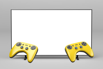 Wireless gaming controllers in front of the TV with empty screen © magraphics