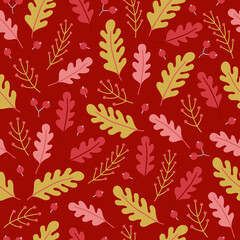 Autumn seamless pattern with oak leaves and berries