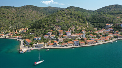 Fototapeta premium Aerial drone panoramic photo of picturesque village capital and port of Ithaki or Ithaca island called Vathi a safe anchoring for sail boats, Ionian, Greece