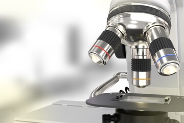 chemistry study concept, lab electronic scientific microscope on bokeh background - object 3D illustration