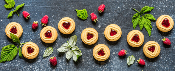 Raspberry Cookies, Berries, Leaves, copy space