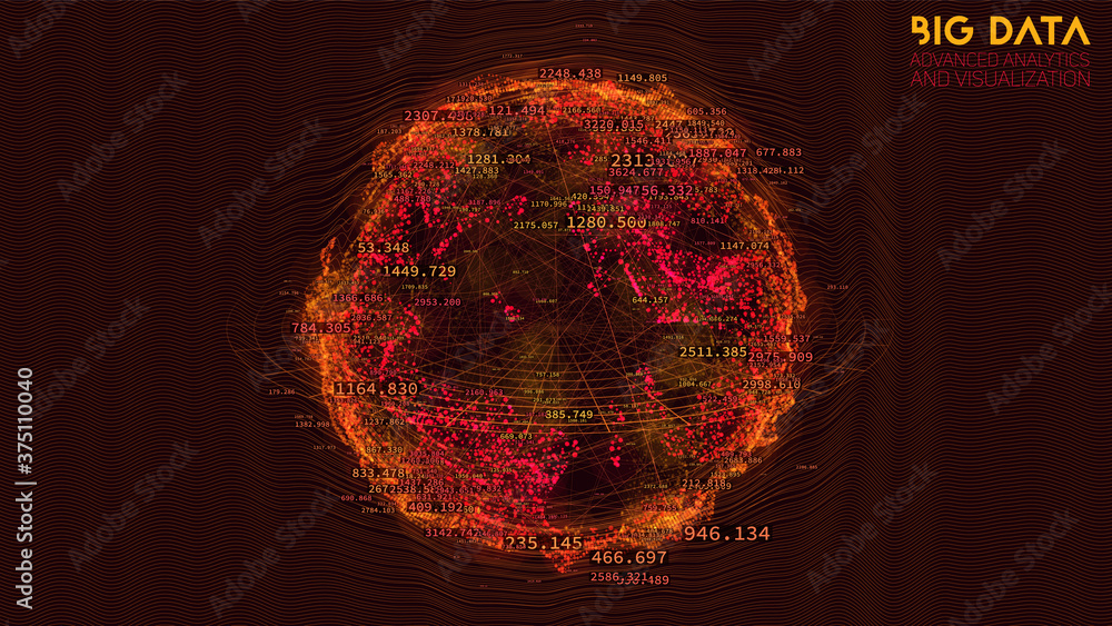 Poster spherical data cloud visualization. 3d big data scientific processing. futuristic hud or ui mainfram