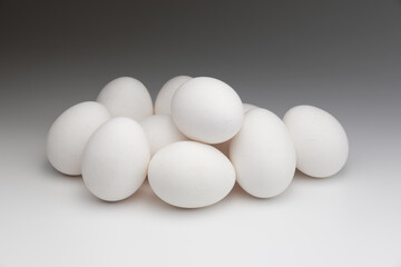 Mehrere weiße Eier auf einem grauen / weißen Hintergrund