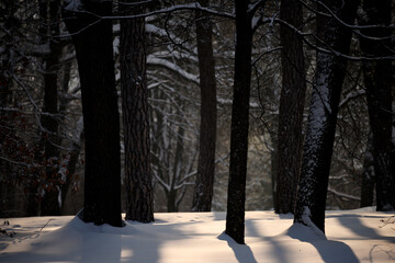 Winter photo. Forest on a sunny frosty day. Dark trees and sparkling snow.