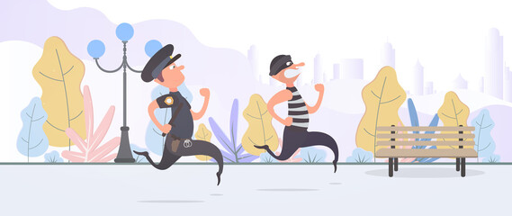 A policeman runs after a thief. The criminal escapes from the policeman.  Cartoon style. Vector.