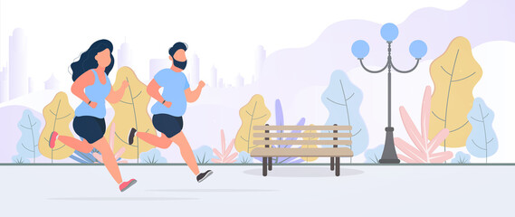 Obraz premium A fat girl and a guy are running around the park. Running fat woman and man on the street. The concept of losing weight and a healthy lifestyle. Vector.