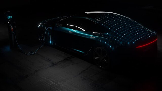3D Model Detailed Silhouette of Autonomous Electric Car Charging. Blue Supercar Made of Blue Lines. Racing into the Light	