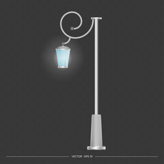 Retro style metal lantern. Lamp post with realistic light. Vector.