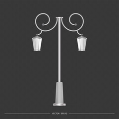 Old metal lantern. Retro lamppost with realistic light. Vector.