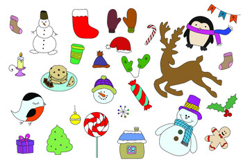 Thematic sketch. Winter sketch. Vector. Background. Illustration. Deer, snowman, lollipop, candy, gift, candle, snowman	