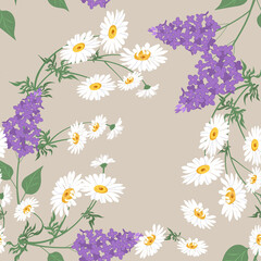 Seamless vector illustration with chamomile and lilac