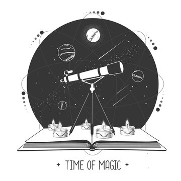 Modern Magic Witchcraft Open Book With Telescope And Outer Space And Planets. Vector Illustration