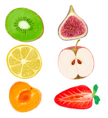 set of hand drawn cut fruits and berries. Kiwi, figs, lemon, apple, apricot, strawberry. texture drawing.
