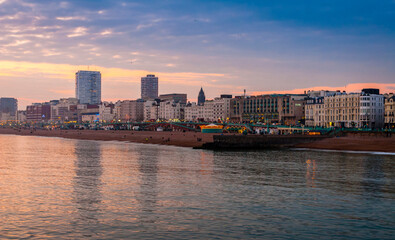 Brighton Beach and Seafront at Dusk, Brighton, Sussex, Britain 