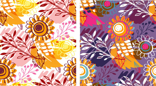 Autumn cute hand drawn doodle leaf and flower set. Abstract fall template banner art for pattern, background, fabric. © jane55