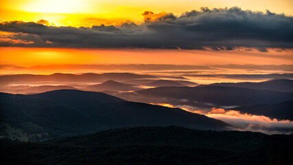 Superb mountain vista. Summer sunrise in the Carpathian Mountains. Bieszczady National Park. Poland.