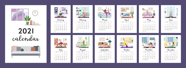 Fototapeta na wymiar 2021 calendar. Women doing yoga at home. Picture for each month. Flat illustrations