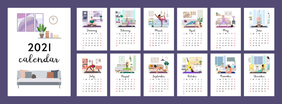 2021 calendar. Women doing yoga at home. Picture for each month. Flat illustrations