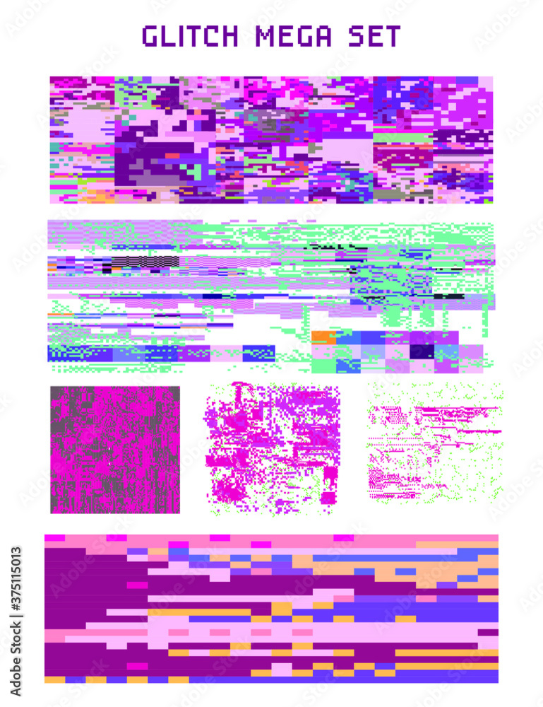 Poster Bundle of glitch overlays. Computer screen error, digital pixel noise design.