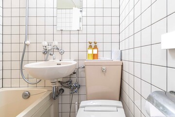 Modern automatic toilet In a small toilet in a wooden house