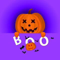 the pumpkin is holding the letters Boo. Happy Halloween. Scary pumpkins. Cute cartoon spooky character. Smiling face, hands. Greeting card. Flat design. Vector illustration