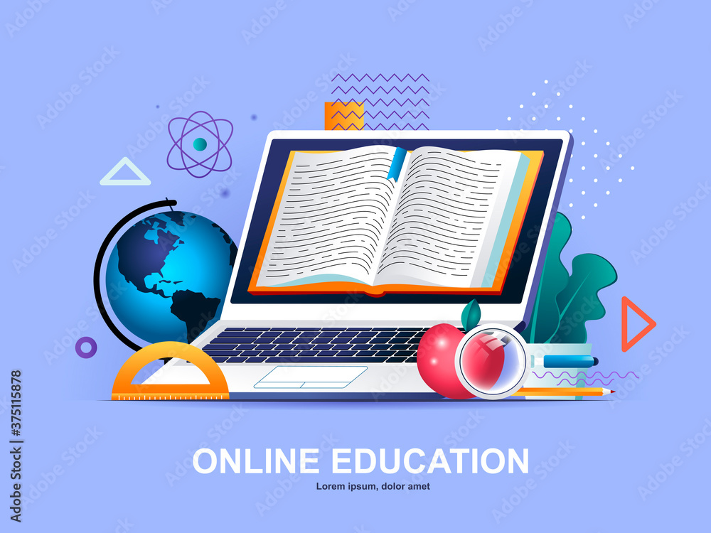 Poster online education flat concept with gradients. distance learning service, professional courses and sk