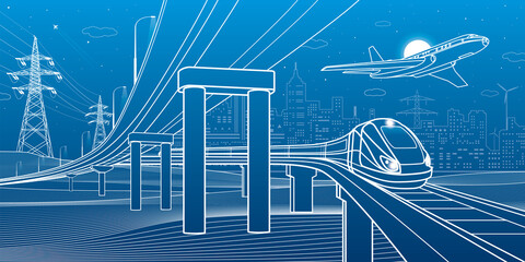Outline road bridge. Car overpass. Train rides. Airplane fly. City Infrastructure and transport illustration. Urban scene. Vector design art. White lines on blue background