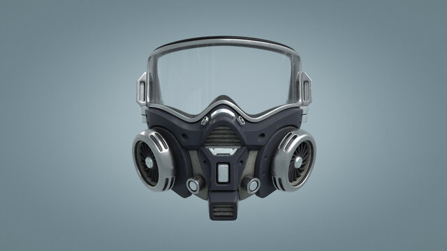 Futuristic chemical cyberpunk gas mask with protective glasses and scratched metal filters. Modern military sci-fi black gray respirator. Concept art air pollution. 3d illustration on blue background