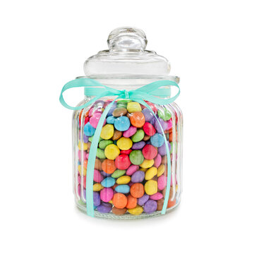 Chocolate candies in jar for wedding favours or holiday decoration