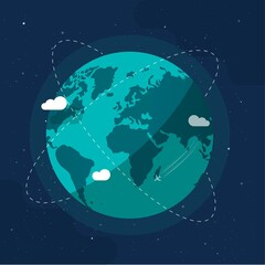 Naklejka premium Global communication future technology business around the planet earth from space orbits concept, earth world internet social worldwide network vector flat cartoon illustration modern design