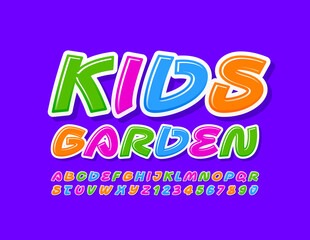 Vector bright logo Kids Garden. Artistic colorful Font. Creative Alphabet Letters and Numbers set