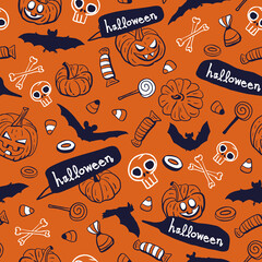 Vector orange pumpkins bats bones seamless pattern