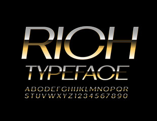 Vector Rich Typeface. Metallic shiny Font. Gold premium Alphabet Letters and Numbers set