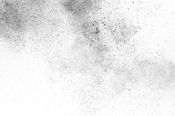 Black particles explosion isolated on white background.  Abstract dust overlay texture.