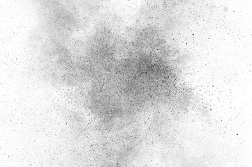 Black particles explosion isolated on white background.  Abstract dust overlay texture.