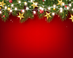 Border with green fir branches, stars, lights on empty red background. Pine, xmas evergreen plants banner. Vector Christmas tree and garland decoration border