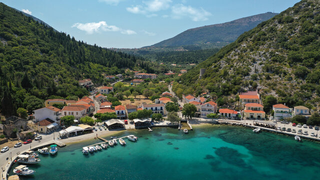 Aerial drone photo of picturesque small fishing village of Frikes a safe anchorage for sail boats and yachts in island of Ithaki or Ithaca, Ionian, Greece