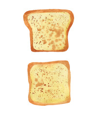Watercolor two wheat toasts isolated on white background. Breakfast concept. Hand painted illustration of fried bread. Perfect for design menu, pattern, print, card.
