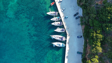 Aerial drone photo of picturesque small fishing village of Frikes a safe anchorage for sail boats and yachts in island of Ithaki or Ithaca, Ionian, Greece