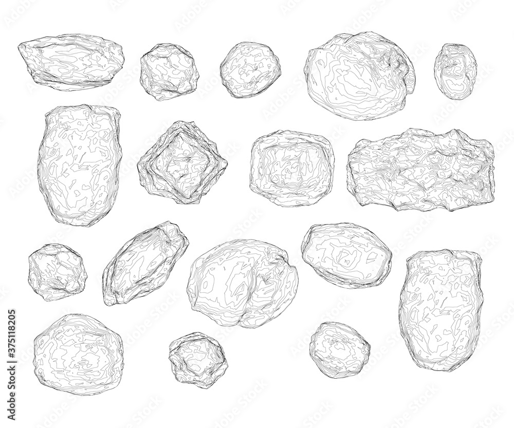 Poster set with stones of different shapes. wireframe of stones from black lines. 3d. vector illustration