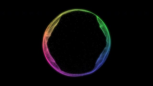 Colored audio spectrum equalizer circle. Colorful sphere made of audio reacting particles.