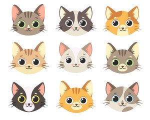 Cute cats collection. Cats faces. Isolated on white background. 