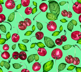 Seamless background with fresh berries and cherry leaves on bright background. Watercolor illustration for textiles, packaging, Wallpaper.