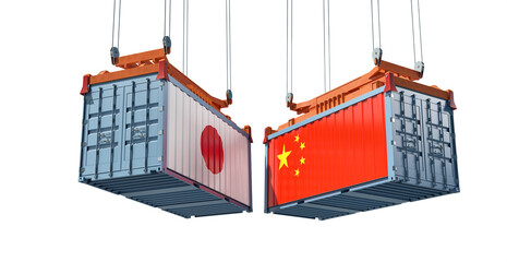 Freight containers with Japan and China flag. 3D Rendering 