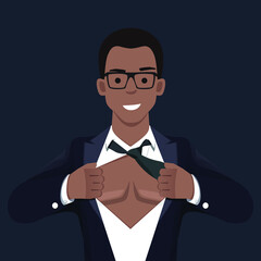 Male african american businessman superhero pop art vector illustration. Strong Businessman in glasses in flat style. Success concept. A grown man in a business suit.