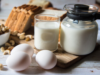 Breakfast items glass of milk , eggs and bread slices with use of selective focus