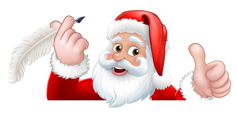 Santa Claus cartoon character peeking over a sign holding a quill pen. Christmas gift, naughty and nice list or letter to Santa concept.